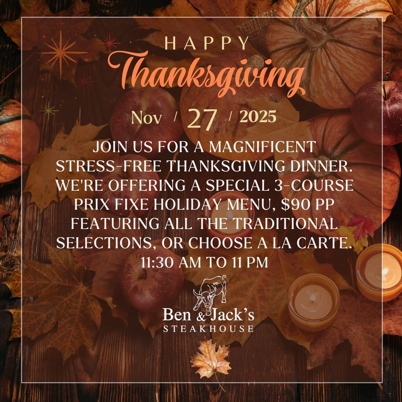 Ben & Jack’s NYC Restaurant Week flyer featuring seafood platter with oysters, lobster, shrimp, and steak. Promotes 3-course prix fixe menu: $45 lunch, $60 dinner, available July 21st to August 31st, with wine specials and à la carte options.